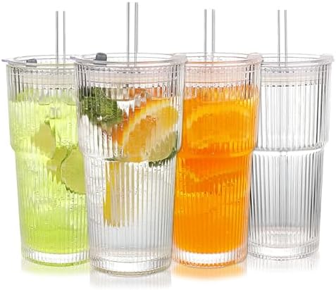 Ribbed Glass Tumbler with Lids and Straws, Vintage Clear Glass cups, Large capacity, Unbreakable, Fluted Design, Ideal for Travel, Iced Coffee,Smoothie, Tea, Latte, Gift (4pc 20oz) by WeirdUncle