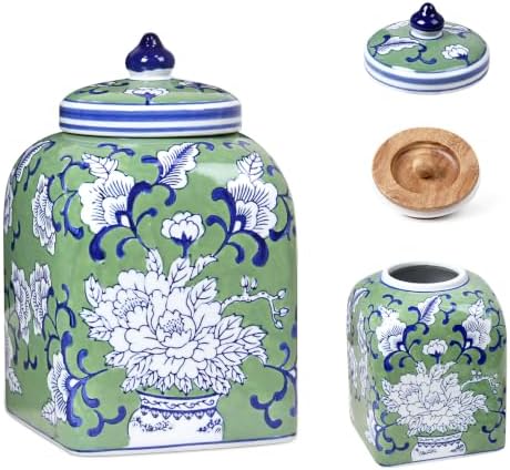 Ceramic Tea Canister with Airtight Lid, 10" H Kitchen Decor Jar for Loose Leaf Tea & Coffee Bean Storage, Hand-painted Chinoiserie Ginger Jars for Home Decor, 121 fl oz - Green Peony by Unknown