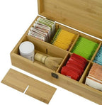 Bamboo Tea Organizer Box Chemical Free Eco-Friendly Big, Tall, Adjustable Cubbies Natural Wooden Storage Chest (8-Slot 14.3" x 8.1" x 4.2" with Tea Time Pot & Cups) - Image 6