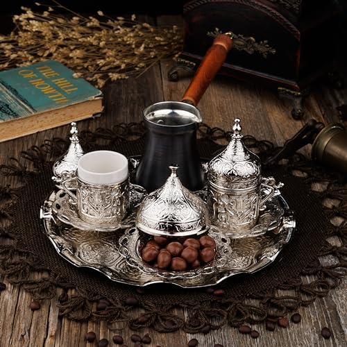 DEMMEX Turkish Greek Arabic Coffee Making and Serving Full Set with Cups Saucers Lids Sugar Bowl Tray and Copper Coffee Pot, 12 Pcs - Image 3