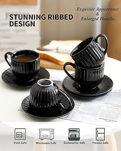 Hasense 6 Oz Cappuccino Cups with Saucers Ceramic, Ribbed Espresso Cups Set of 4 for Coffee,Tea,Latte and Macchiato, Aesthetic Gift for Anniversary or Holiday, Black - Image 4