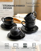 Hasense 6 Oz Cappuccino Cups with Saucers Ceramic, Ribbed Espresso Cups Set of 4 for Coffee,Tea,Latte and Macchiato, Aesthetic Gift for Anniversary or Holiday, Black - Image 4