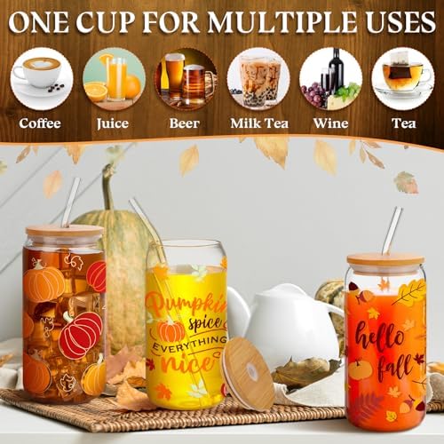 Umigy 8 Pcs 16oz Fall Thanksgiving Ice Coffee Cup with Lids & Glass Straw - Image 5