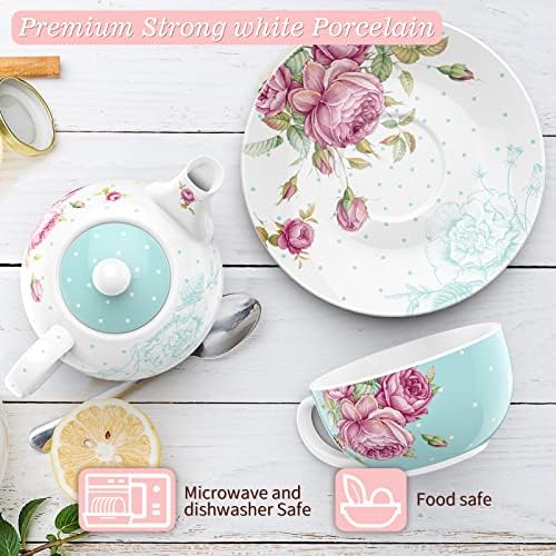London Boutique Tea for One Teapot Teacup Saucer Set Afternoon Tea Set for 1 New Bone China Vintage Flora Gift for Women 350m (Turquoise) - Image 7