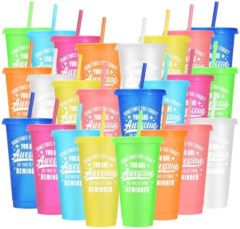 24 Pack Plastic Tumblers with Lids and Straws, Sometime You Forget You Are Awesome Gifts Reusable Cups with Lids Colorful Cups for Party, Iced Coffee Cup Bulk Tumbler (24 oz, Light Color Printed) by LEIFEOSH