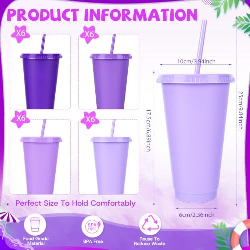 24 Pack Plastic Tumblers with Lids and Straws, Reusable Cups with Lids Plastic Colorful Cups for Parties Birthdays, Iced Coffee Cup Cold Drink Cups Bulk Tumblers (24 oz, Gradient Purple Colors) - Image 2