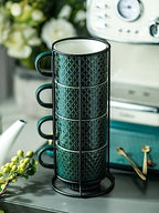 LYEOBOH Coffee Mug Set Porcelain Stackable Coffee Mugs with Stand and Spoons, 13 OZ. Cappuccino Cup Demitasse Cups for Drinks, Espresso, Latte,Set of 4, Dark Green - Image 5