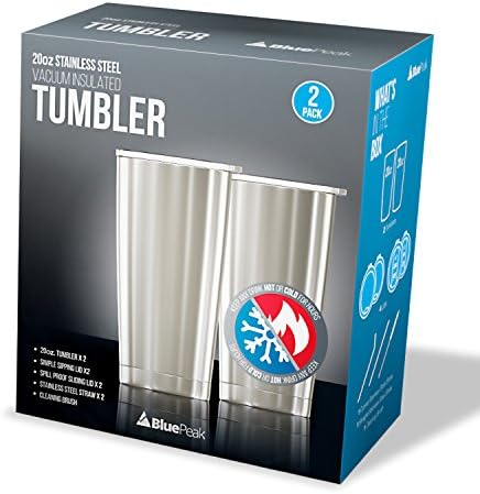BluePeak Double Wall Vacuum Stainless Steel Insulated Tumblers Set, 2-Pack - Includes 2 Sipping Lids, 2 Spill-Proof Sliding Lids, 2 Straws, 1 Cleaning Brush & Gift Box (20 oz, Silver) - Image 2