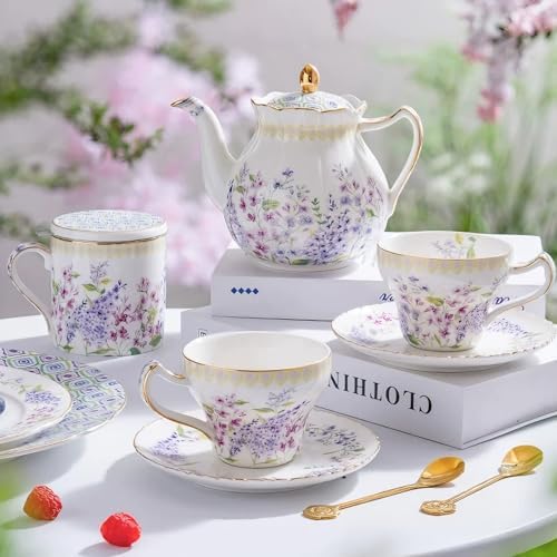 KAMMAK Bone China Coffee Mugs, 15oz Floral Tea Cups with Lid and Infuser - Image 5