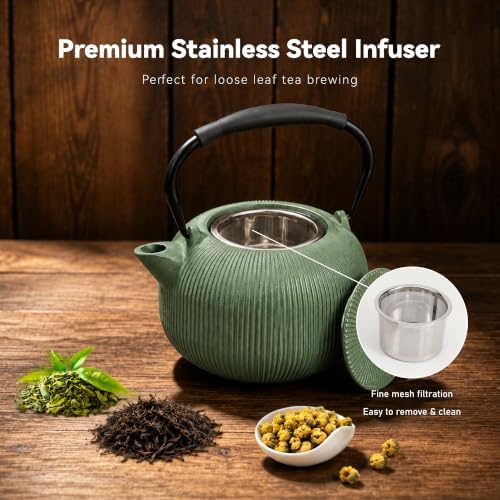 Cast Iron Teapot Set with 2 Cups, 34 oz (1000 ml) Japanese Tea Pot with Infuser for Loose Leaf Tea, Enamel Interior, Stovetop Compatible, Complete Tea Gift Set for Tea Lovers, Green - Image 5