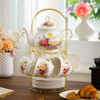 20-Pieces Porcelain Tea Sets For Women, Tea Set For Adult with Golden Metal Rack,Tea Gift Sets for Home&Party(012) - Image 6