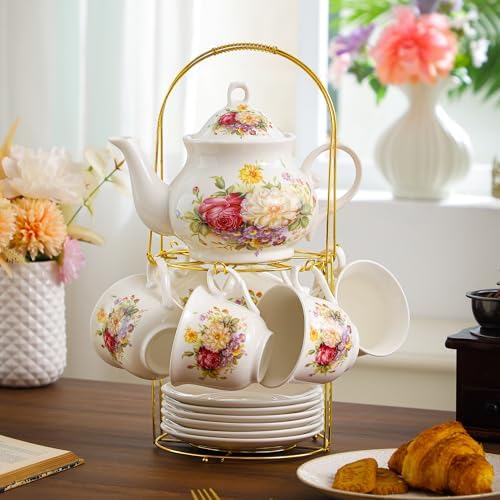 20-Pieces Porcelain Tea Sets For Women, Tea Set For Adult with Golden Metal Rack,Tea Gift Sets for Home&Party(012) - Image 6