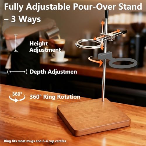 Solid Cherry Pour Over Coffee Stand - Stainless Steel Adjustable Dripper Holder, Wooden Brewing Station, Cone Brewer Rack, Barista Accessories & Kitchen Coffee Décor - Image 4