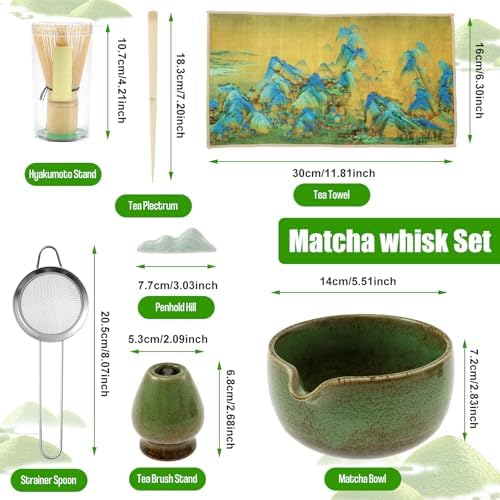 7 Pcs Matcha Whisk Set for Beginners Elegant Bamboo Japanese Matcha Tea Making Kit with Whisk Holder Scoop Sifter for Tea Lover(Military Green) - Image 5