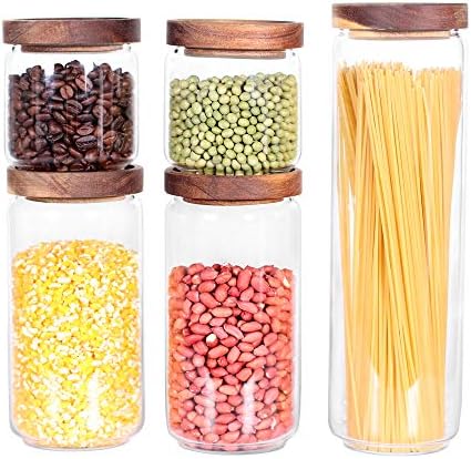 Glass Canisters Set of 5 for the kitchen, Glass Storage Container jars with Airtight Acacia Lid for Coffee Beans, Flour, Sugar, Rice and Spaghetti and etc by LEAVES+AND+TREES+Y