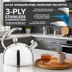Viking 3-Ply Stainless Steel Tea Kettle, 2.6 Quart Stovetop Hot Water Pot with Tempered Glass Lid, Ergonomic Handle, Induction Ready, Mirror Finish - Image 3