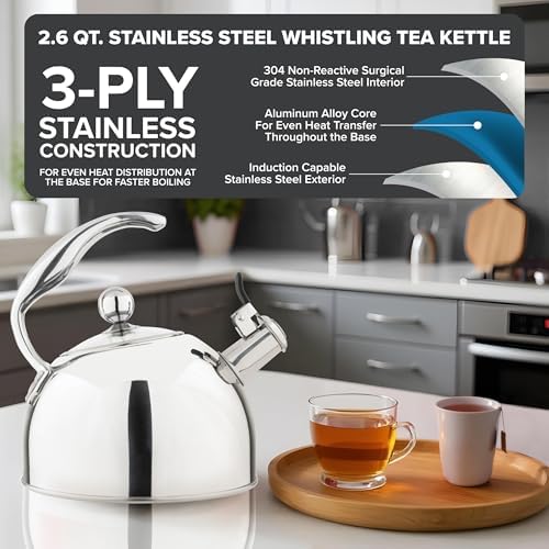 Viking 3-Ply Stainless Steel Tea Kettle, 2.6 Quart Stovetop Hot Water Pot with Tempered Glass Lid, Ergonomic Handle, Induction Ready, Mirror Finish - Image 3