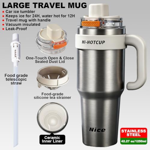(Silver- ceramic inner+ Handle+independent tea utensil+3 drinking mode) 40oz Insulated Tumbler with Handle, 316 Stainless Steel Vacuum Travel Mug for Car Office Gym Outdoor - Image 2