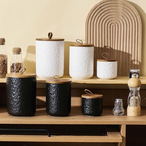 Black White Ceramic Coffee Canister Tea Canister with Seal Wood Lid, Airtight Coffee Storage Container for Coffee Bean, Ground Coffee, Sugar, Cookie Candy jar (Black three piece) - Image 4