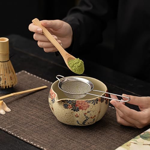 Matcha Set, 8-Piece Antique Pottery Ceremony Kit with Flame Blush Glaze, Gold Tracing, Bamboo Whisk & Chawan for Japanese Tea (Colour 2) - Image 4