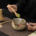 Matcha Set, 8-Piece Antique Pottery Ceremony Kit with Flame Blush Glaze, Gold Tracing, Bamboo Whisk & Chawan for Japanese Tea (Colour 1) - Image 4
