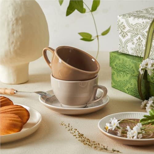 Sweese 6 Ounce Cappuccino Cups with Saucers, Porcelain Double Espresso Cups Set of 4 - Yellow - Image 6