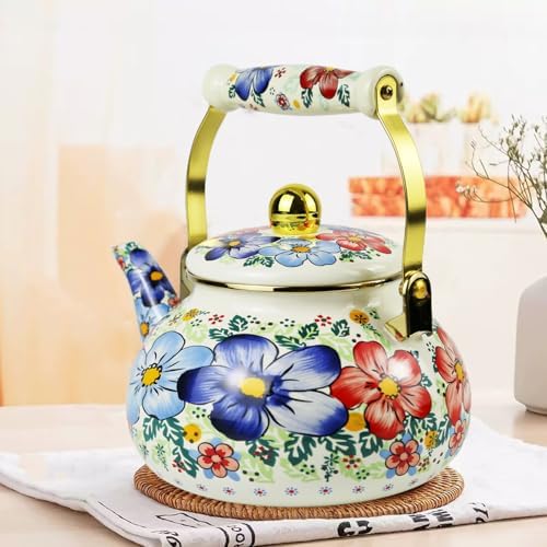 Floral Enamel Tea Kettle Blue Vintage Teapot Stovetop for Stove Boho Bohemain Hot Water Coffee Kettle Pot 2.5L Tea Pot with Ceramic Handle Kitchen Home Decor - Image 2