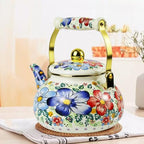 Floral Enamel Tea Kettle Blue Vintage Teapot Stovetop for Stove Boho Bohemain Hot Water Coffee Kettle Pot 2.5L Tea Pot with Ceramic Handle Kitchen Home Decor - Image 2
