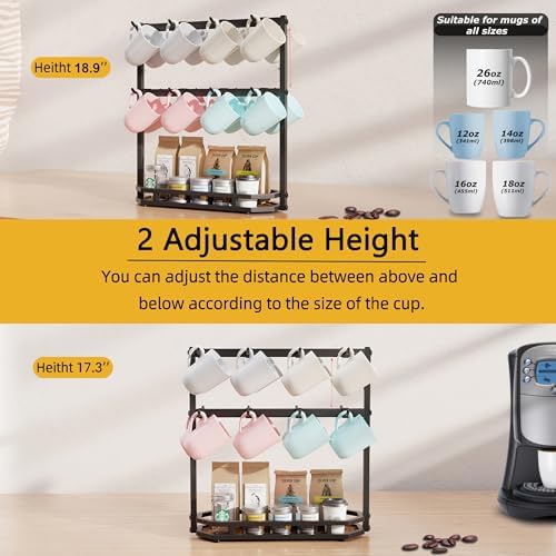 Coffee Mug Holder with Movable Hooks,16 Capacity Coffee Cup Holder for Countertop, Metal Mug Tree Holder Rack with Storage Base,Home Storage Mug Organizer adjustable Heights (Black) - Image 4