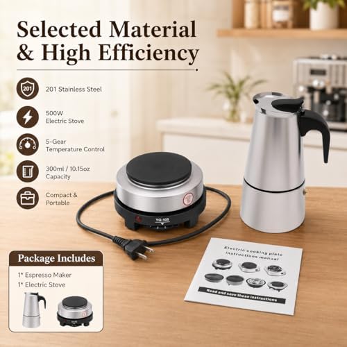 6 Cup Moka Pot, Electric Stovetop Espresso Maker with Electric Stove, Stainless Steel Coffee Maker for Cafes, Stores, Offices (6 Cup - 300ml) - Image 3
