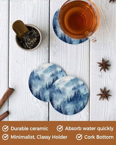 Coaster for Drinks 4 Pack,Forest Tree Mountain Absorbent Round Ceramic Stone with Cork Base,Watercolor Blue Natural Scenery Drink Coaster Cup Mats for Home Dining Coffee Tables - Image 5