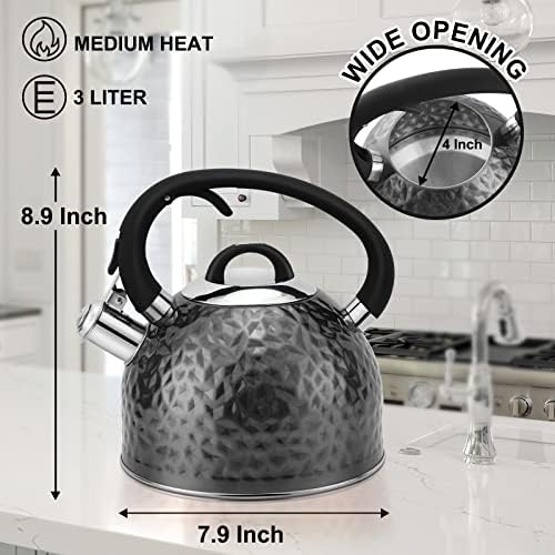 Copper Tea Kettle Stainless Steel Teapot Whistling Kettle Unique Button Control Kettle Outlet Loud Whistle Food Grade Teapot 3.2 Quart / 3 Liter (Black) - Image 3
