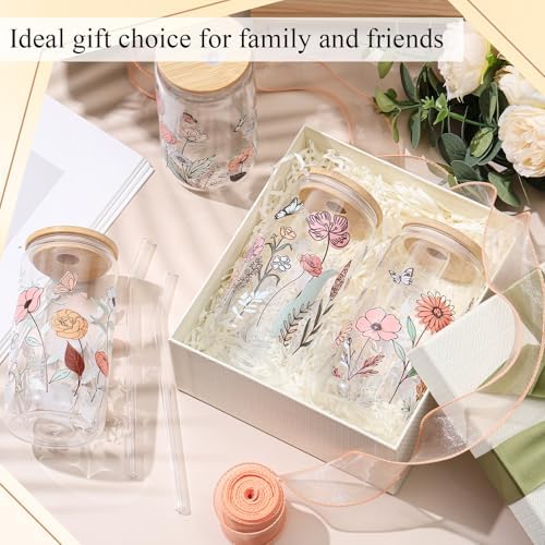 Mumufy 8 Sets Vintage Flower Glass Cups with Lids Straws Bulk, 16 Oz - Image 5