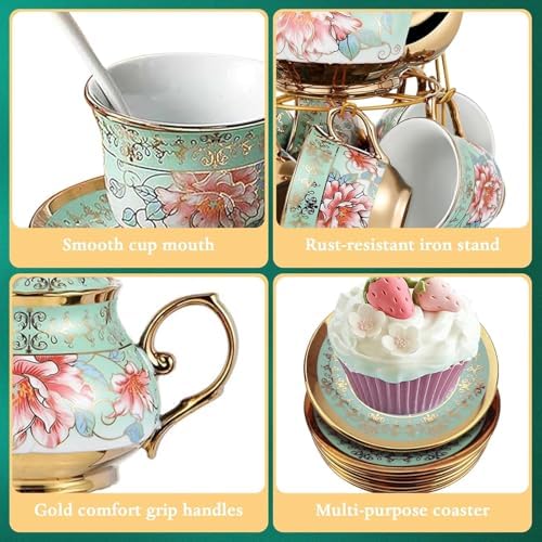 20Pcs Porcelain Tea Set with Metal Holder and Spoons, Floral Tea Sets for Adults with Teapot Cups Saucers, European Ceramic Tea Parties Set for Women （Large） (Green) - Image 3