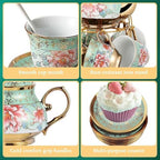 20Pcs Porcelain Tea Set with Metal Holder and Spoons, Floral Tea Sets for Adults with Teapot Cups Saucers, European Ceramic Tea Parties Set for Women （Large） (Green) - Image 3
