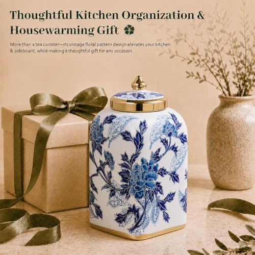 12.5" H Ceramic Kitchen Canisters for Countertop, Tea & Coffee Bean Storage Canister with Airtight Lid, Blue and White Chinoiserie Decor Ginger Jar for Home Decor, 155 fl oz - Blue Peony - Image 6