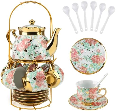 20 Piece Porcelain Tea Set with Metal Holder European Floral Pattern Tea Pot Tea Cup Tea Saucer Teaspoon for Women Adult Party Large Version by YourLifeCollector