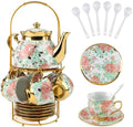 20 Piece Porcelain Tea Set with Metal Holder European Floral Pattern Tea Pot Tea Cup Tea Saucer Teaspoon for Women Adult Party Large Version by YourLifeCollector