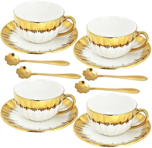 Cappuccino Cups with Saucers, 7.5 oz Ceramic Espresso Cup Set of 4 by Hebaogugu