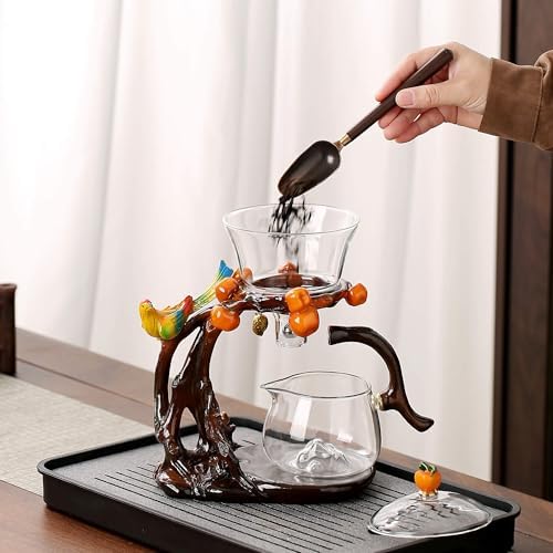 Zurucily Glass Kungfu Teapot Set Tea maker with Infuser Semi Automatic Tea Set (Bird-orange) - Image 4