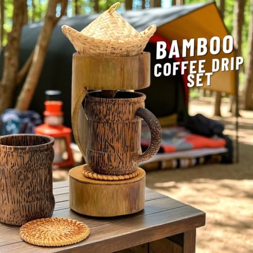 Bamboo Coffee Drip Set, 4" Basket with Lid + 2 Cups and 2 coasters + Bamboo Design Drip Base, Eco-Friendly Pour-Over Coffee Kit, Sustainable Brewing Accessories - Image 3