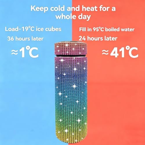 17 oz Bling Stainless Steel Water Bottle Rhinestone Vacuum Water Bottle Glitter Bottles Diamond Vacuum Flask Mug Gift Girls Women (500ml),Colorful - Image 4