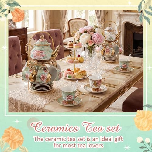 Zhehao 40 Pcs Porcelain Tea Set for Adult, with Metal Holder, Royal - Image 4