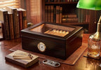 Premium Cigar Humidor - Holds 25-50 Cigars, Spanish Cedar Wood with Ebony Black Finish, Shatter-Resistant Glass Top, Built-In Hygrometer, Humidifier & Divider Included - 10.25" x 8.75" x 4.5" - Image 4