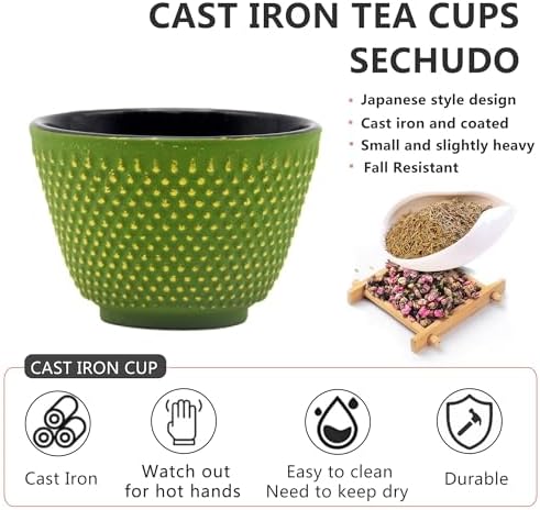Japanese Cast Iron Tea Cups, Small and Heavy Teacups with no Handles, Japanese Style Cup for Adults, Asian Teacups, Coated with Enameled Interior, 4 Pcs/Box (Green, 2oz/60ml) - Image 3