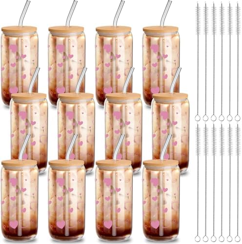 12 Pcs Valentine Gifts Glass Cups with Lids and Straws 16 oz Hearts Iced Coffee Cups Drinking Heart Women Ladies Wife Gift Valentines Day Galentines Party Supplies Wedding Birthday (Pink) by Yetene