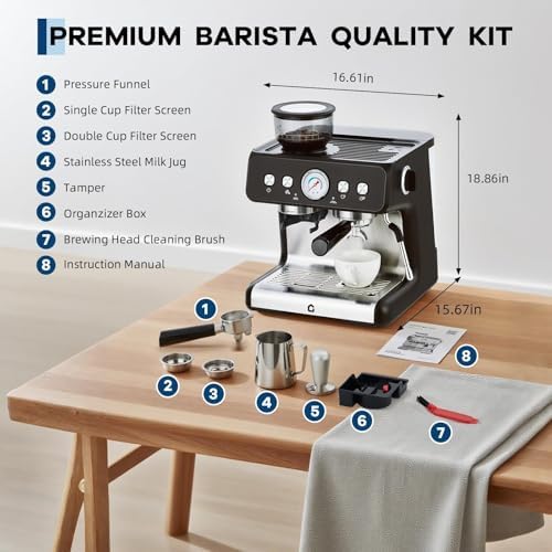 Stainless Steel Rich Coffee Machine w/Built-in Grinder – 20 Bar, 2.8l Removable Tank, Milk Frother Steam Wand for Latte & Cappuccino, Adjustable Shot Volume, Pro for Home Barista & Office - Image 4