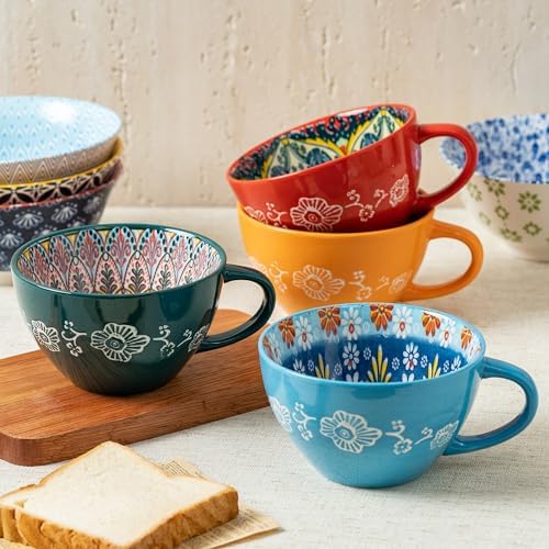 Boho Coffee Mug Set of 4 with Coffee Spoon, Ceramic Large Cups 15 oz/ 450ml, Porcelain Cups for Latte, Tea, Cappuccino, Cocoa, Soup, Dishwasher Microwave Safe, Gift Set Bohemian Style - Image 4