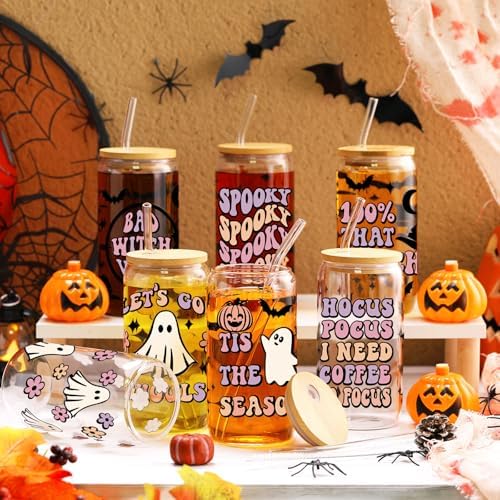 8 Pcs Halloween Ghost Glass Cups with Lids and Straws, 16 oz, Cute - Image 2