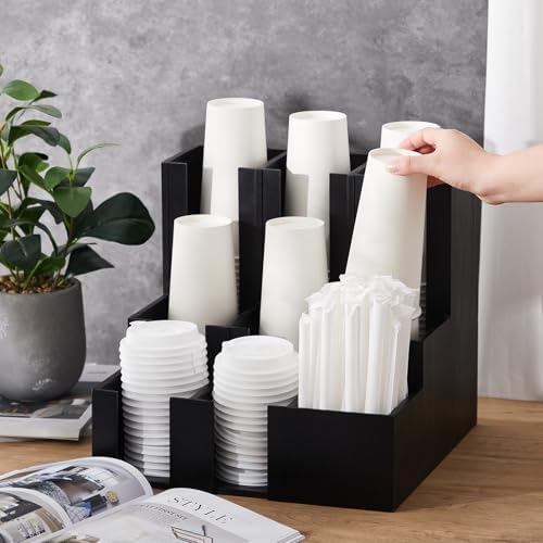 CroBlissful 9 Compartment Pine Wood Vertical Coffee Cup and Lid Dispenser - Image 5
